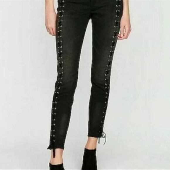 Express Denim - Mid Rise Black Ankle Jeans with Tie/Lace Up Sides